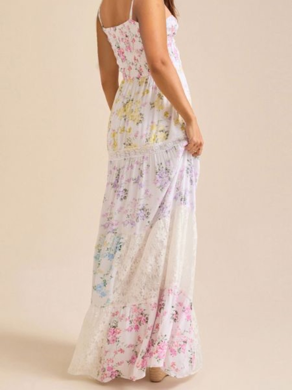 CHICWISH DELICATE FLORAL LACE PANEL CAMI SHIRRED MAXI DRESS - Picture 3 of 8